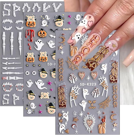 3 Sheets Halloween 5D Embossed Nail Art Stickers Cute Ghost Spider Wed Nail Decals Self Adhesive Gothic Pumpkin Skull Nail Stickers Glitter Gold Nail Design Decals Holiday Nail Decoration for Women
