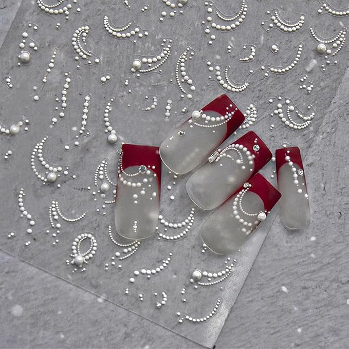 White French Tip Pearl Line Nail Art Stickers 5D Embossed Romantic French Tip Nail Decals for Women Girls Valentine's Nail Art Decoration