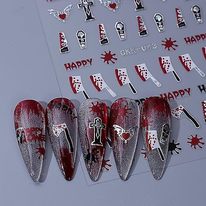 6 Sheets Halloween Nail Art Stickers 3D Self -Adhesive Bloods Hand Skeleton Nail Decals Holographic Blood Knives Nail Stickers Halloween Nail Decoration for Women Manicure Supplies