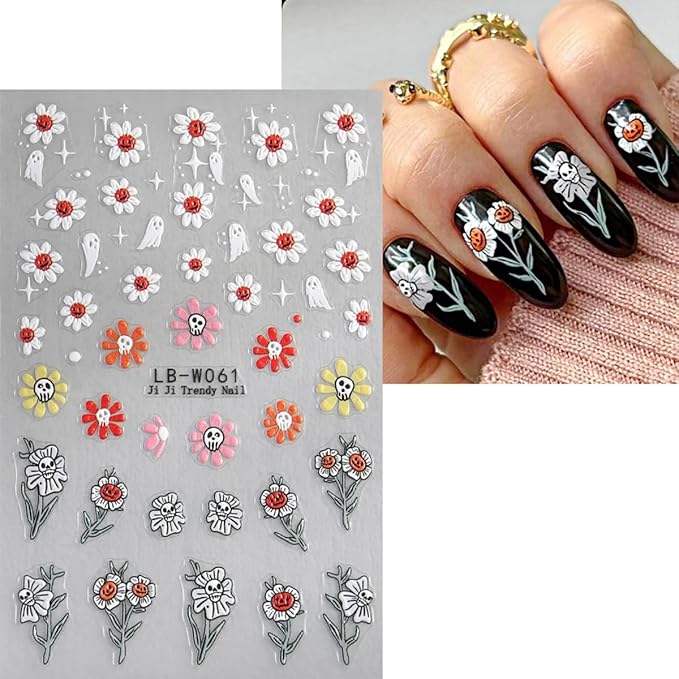 4 Sheets Cute Ghost Nail Art Stickers and Halloween French Flower Nail Decals Design 5D Self-Adhesive Brown Green Spider Web Nail Stickers Personalized Nail Art Supplies Stickers for DIY Manicure