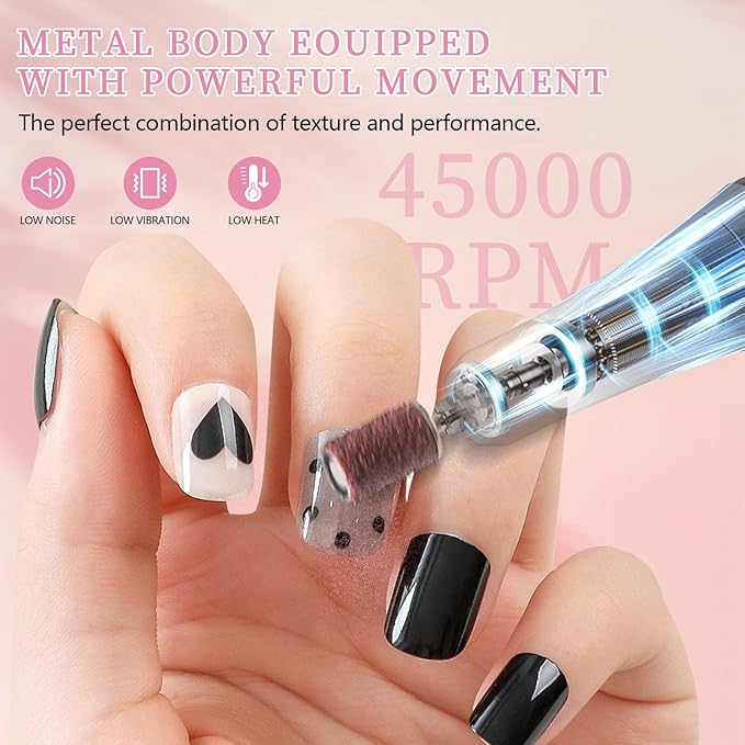 Electric Nail File Professional Kit - 45000RPM Portable Nail Drill Electric File with 11 Bits & Base丨LED Screen丨Ultra-Silent, Rechargeable Nail Drills Machine for Acrylic Nails Gel Polishing (Pink)