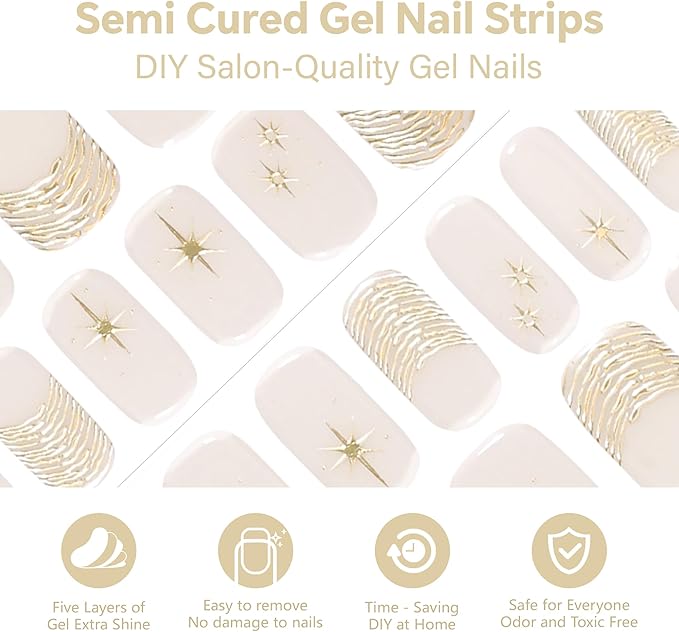 Semi Cured Gel Nail Strips-Salon Quality Semi-Cured Gel Press On Nails Stickers Quick DIY Nail Art Manicure Kits for Women at Home, Works with Any UV/LED Lamps(Sparkle Glam)