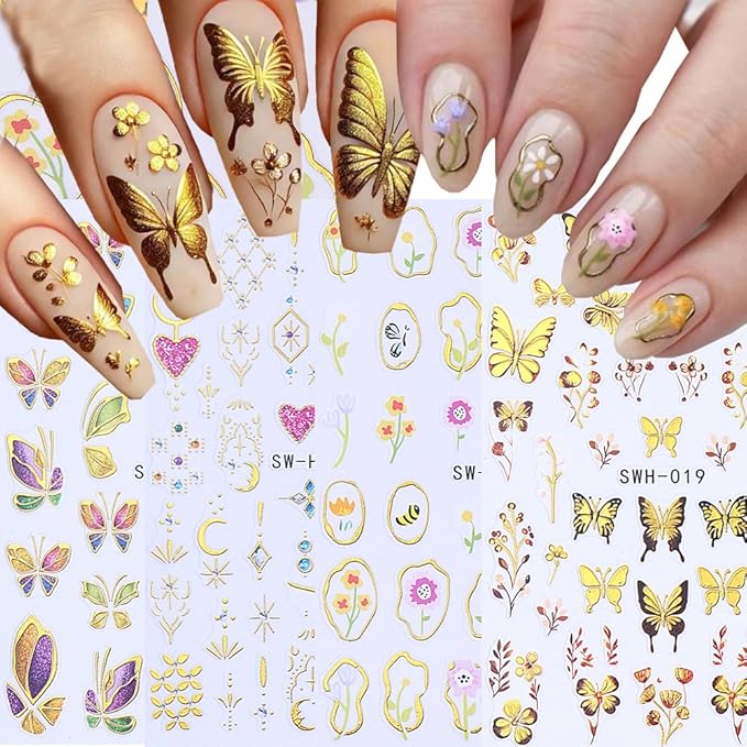4 Sheets Gold Butterfly Nail Stickers for Nail Art, 3D Self-Adhesive Flower Leaf Boho Butterfly Nail Decals, Nail Supplies Nail Art Designers Accessories for Women and Girls Manicure DIY Decoration