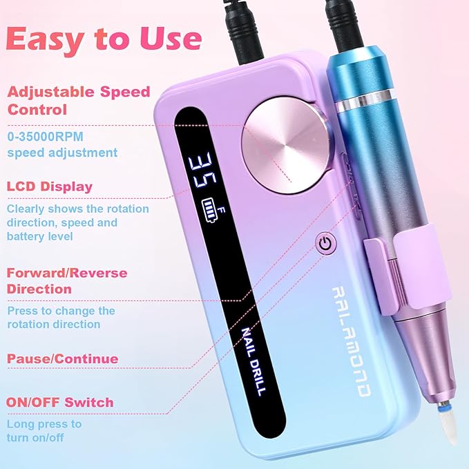 Cordless Nail Drill Professional, 35000RPM Electric Nail File, Portable Nail Drill with Bits, Nail Filer Electric with Adjustable Speed & Direction, Acrylic Nail Tool for Salon & Home Use(Blue Purple)