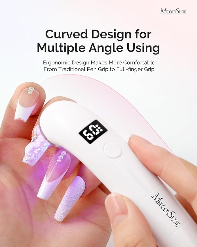 MelodySusie Handheld UV Light for Gel Nails, P-ART01A Cordless UV Nail Lamp with LCD Display& Ergonomic Design, Rechargeable LED Light Flash Cures Soft Gels, Rhinestone Glue & Liner Gel,White