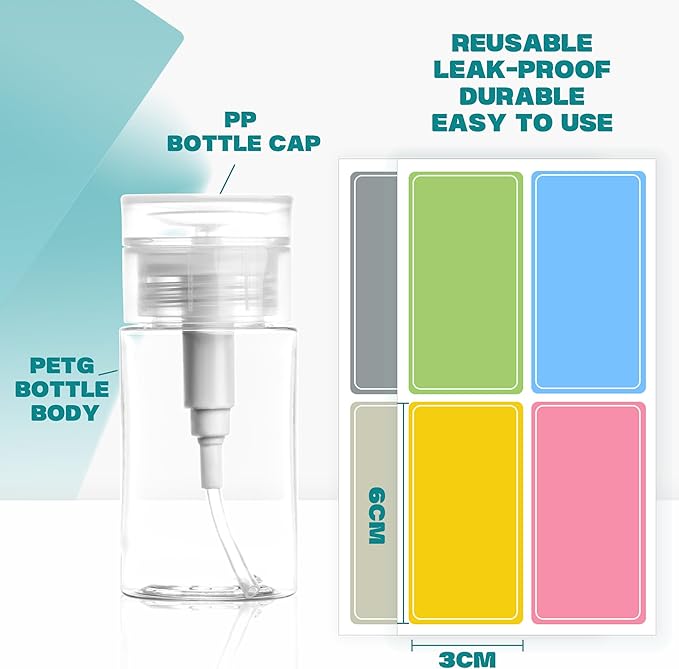 3 Pack Push Down Pump Dispenser,Clear Push Top Empty Bottles with DIY Stickers for Alcohol,Nail Polish,Makeup Remover,Toner (80ml)