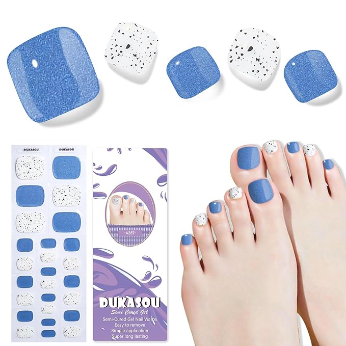 Semi Cured Gel Toe Nail Strips,26 Pcs Toe Nail Stickers Wraps for Summer Holiday(Sea Blue),Gel Strips UV Light Required,Easy to Apply