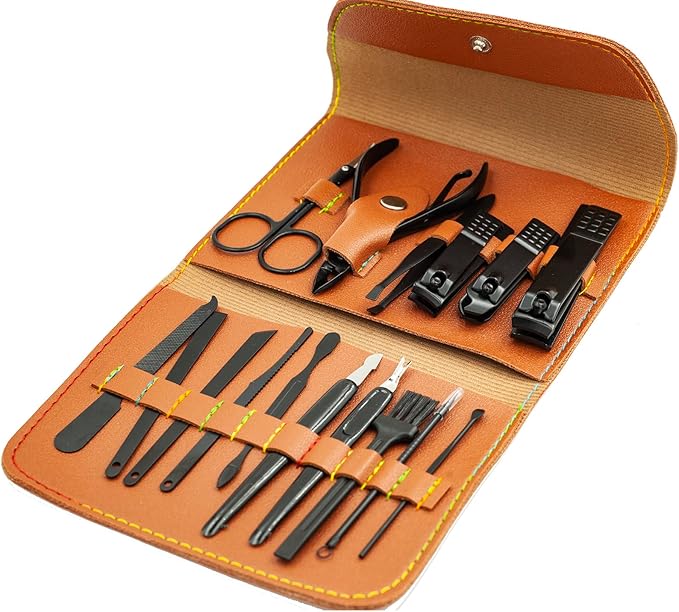 Nail Clipper Set, 16PCS Manicure Set Fingernail Clippers Kit Black Stainless Steel Pedicure and Manicure Kit with Brown PU Leather Case