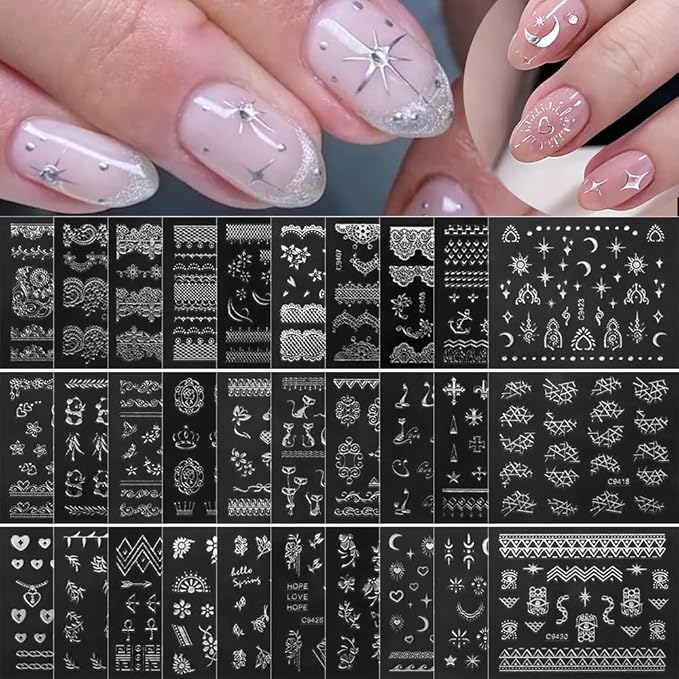 30 Sheets Silver Nail Sticker Silver Lace Nail Art Stickers Silver Retro Flower Star Moon Heart Cat Design 3D Self-Adhesive Nail Sticker Decals Nail Supplies for Women Girls DIY Nail Art Decoratio