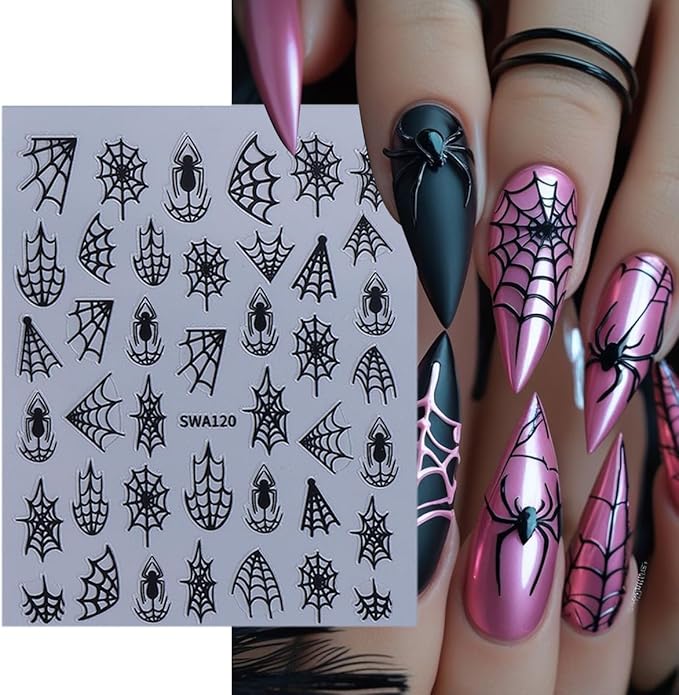 5 Sheets Halloween Nail Stickers for Nail Art 3D Self-Adhesive Spider Web Nail Art Stickers White Black Silver Laser Gold Spider Nail Decals Goth Nail Art Supplies for Women Acrylic Manicure Salon