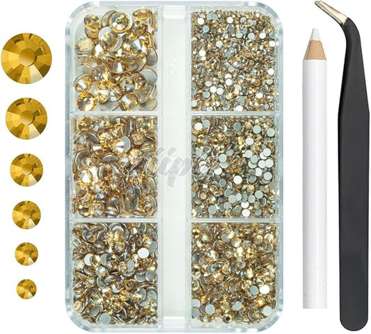 2550pcs Champagne Golden Nail Art Flatback Rhinestones for Face Makeup Gold Nail Gems Gemstones K9 Glass SS4~SS20 6 Sizes Bling Diamonds Stones w Tweezer & Picking Pen for Nails DIY Craft