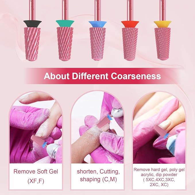 3/32" Large Tapered Smooth Top Bit Tungsten Carbide Nail Drill Bit Safety Bit for Gel & Acrylic Removal, 2- Way Rotating Efile Tip, Salon Electric File Accessory (M Girt, Rose Red)