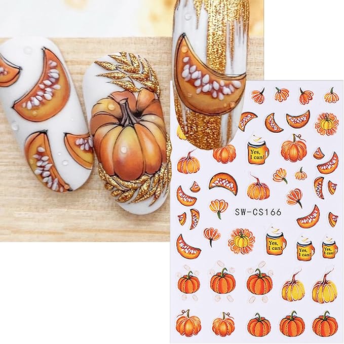 6 Sheets Fall Nail Stickers for Nail Art Autumn Maple Leaf Nail Art Stickers Pine Cones Flower Leaves Pumpkin Nail Decals 3D Self-Adhesive Holiday Nail Sticker for Women Thanksgiving Nails Designs