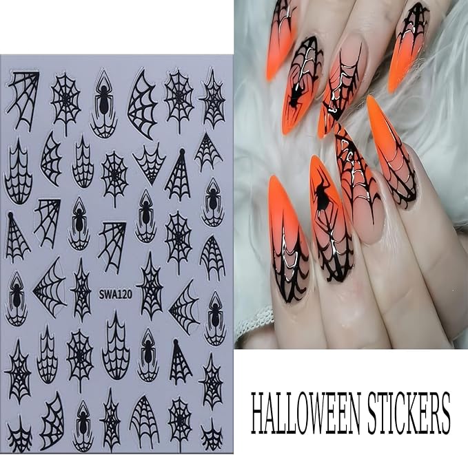 6 Sheets Halloween Spider Web Nail Art Stickers 3D Self -Adhesive Spider Web and Spider Nail Decals Holographic Black Gold Silver Nail Stickers Halloween Nail Decoration for Women Manicure Supplies