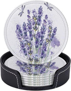 6 Pcs Lavender Flower Purple Floral Dragonfly Leather Coasters by Jfniub