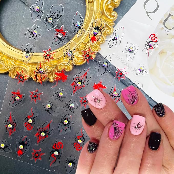 2 Sheets Halloween Nail Stickers Self Adhesive Spider Web Nail Art Stickers 5D Spider Rhinestones Nail Decals Gothic Halloween Nails Design DIY Holiday Manicure Supplies for Women Nails Accessories