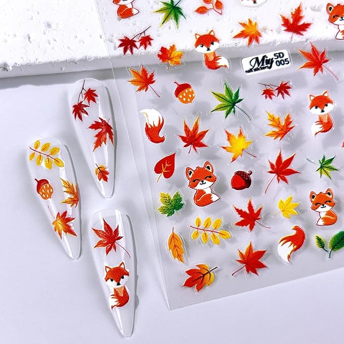 6 Sheets Fall Nail Stickers 5D Embossed Autumn Maple Leaf Nail Art Decals Thanksgiving Pumpkins, Fox, Squirrel, Ginkgo Leaf Design Self-Adhesive Fall Stickers for Nails DIY Manicure Supplies