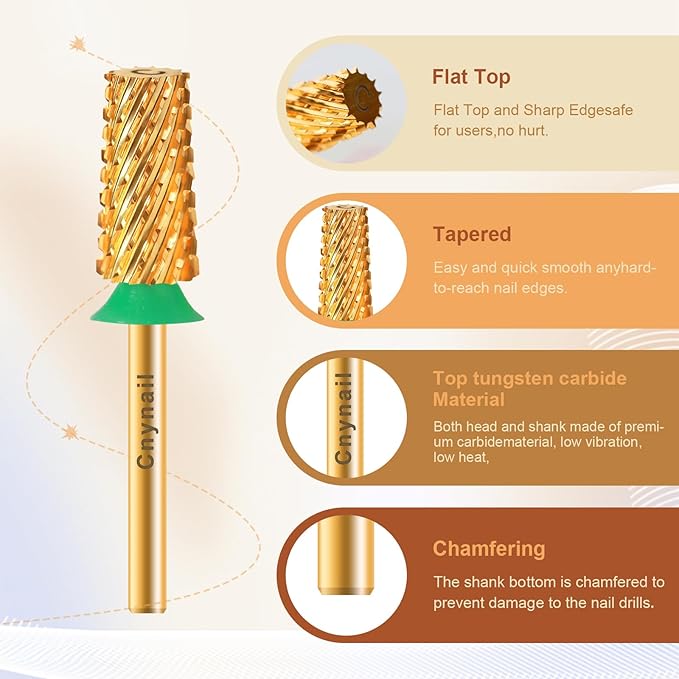3/32" Large Tapered Barrel Flat Bit Tungsten Carbide Nail Drill Bit Safety Bit for Gel & Acrylic Removal, 2- Way Rotating Efile Tip, Salon Electric File Accessory (C Girt, Gold)