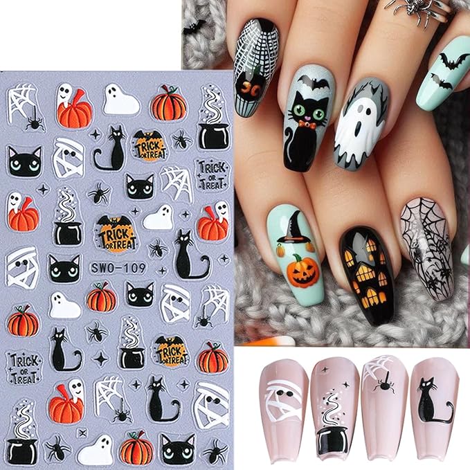 3 Sheets Goth Nail Stickers 5D Embossed Halloween Ghost Nail Art Stickers Cute Cat Pumpkin with Spider Bat Design Sticker Gold Spider Web Nail Decals Nail Art Supplies for Women Acrylic Nail DIY