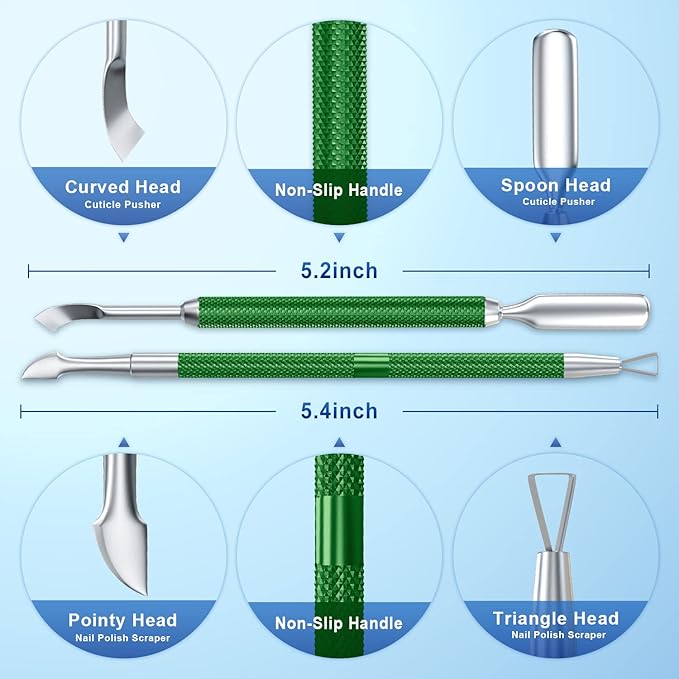 2PCS Metal Dark Green Cuticle Pusher and Cutter Remover Salon Quality Stainless Steel Gel Nail Polish Peeler Scraper Durable Manicure and Pedicure Cleaner Tool For Fingernail and Toenail