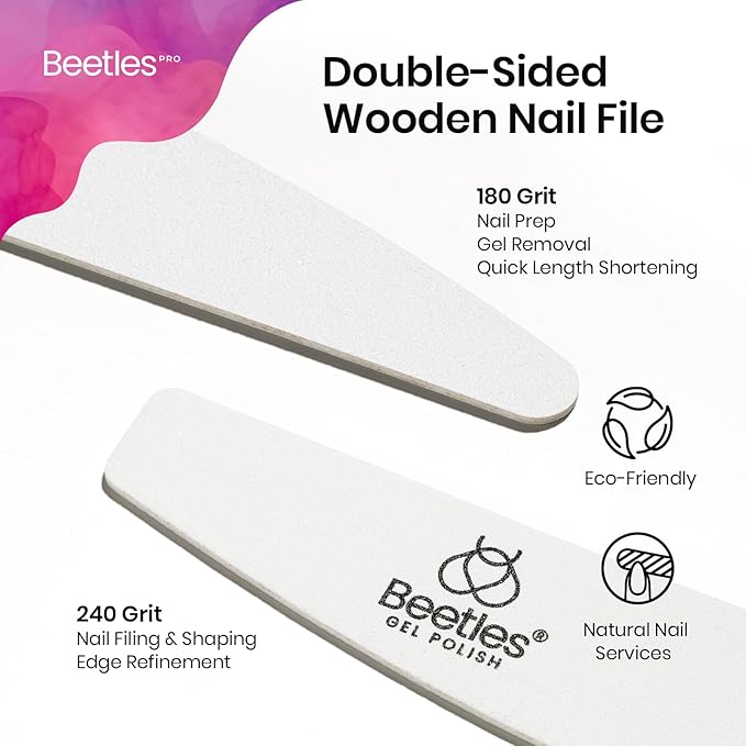 Beetles Pro 10-Pcs Nail File – Professional 180/240 Grit Washable Natural Nail File Double Sided Wood Board Nails Files for Acrylic, Gel & Natural Nails – Salon Quality Manicure Tool
