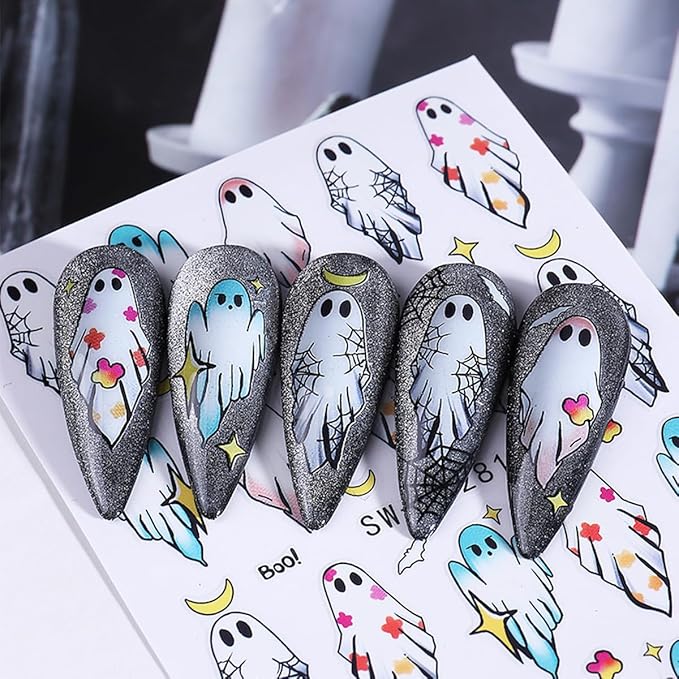 Halloween Nail Stickers for Nail Art 3D Cute Ghost Pumpkin Halloween Nail Decals Nail Art Supplies 6PCS Ghost Skull Black Cat Flame Pumpkin Nails Design Manicure Stickers for Nails DIY Decoration