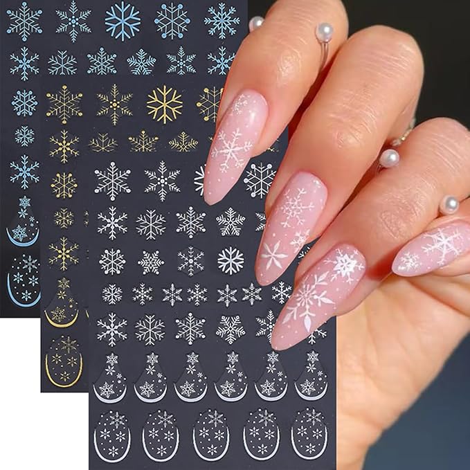 Christmas Nail Art Stickers 6 Pcs Snowflake Nail Stickers 3D Self-Adhesive Winter Nails Decals Blue Gold White Snowflake Nails Designs Stickers Holiday Nails Supplies for Women Xmas DIY Manicure Decor