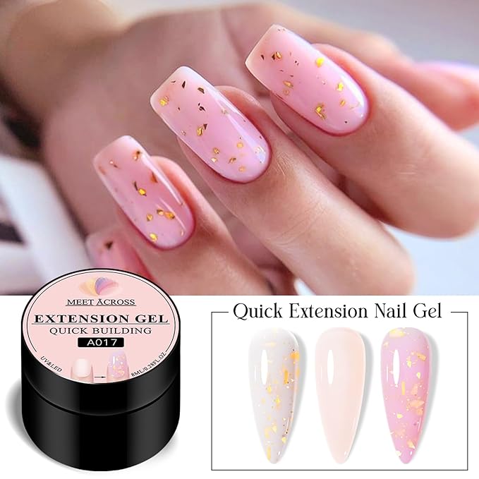 MEET ACROSS Poly Nail Gel 8Pcs Nail Extension Gel Set and Nail Extension Starter Kit for Beginners Nail Art DIY Home Gifts for Women (Pink + Gold Foil, 8pcs)