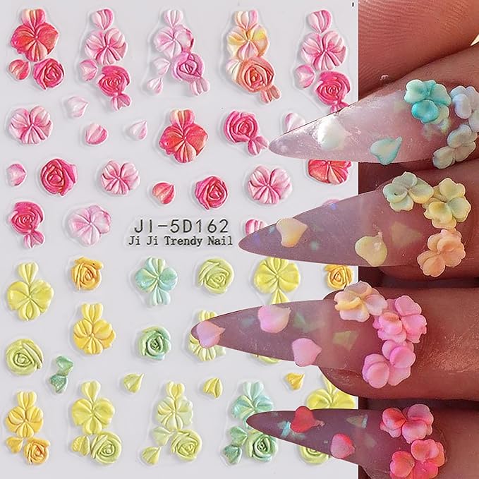 4 Sheets 5D Flower Nail Art Sticker Stereoscopic Floral Self-Adhesive Nails Stickers Blossom Nail Art Decals Holographic Flowers Decal for Women Pink Blue Red Manicure Stickers DIY Nails Supplies