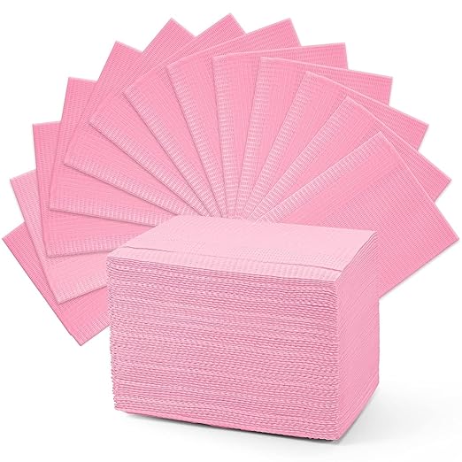 Amira Beauty Disposable Dental Bibs 13" x 18" – 3-Ply, Soft, Tear-Resistant, Waterproof Bibs for Dental, Nail, and Salon Professionals, Tattoo Napkins for Piercing, Pink, Pack of 50