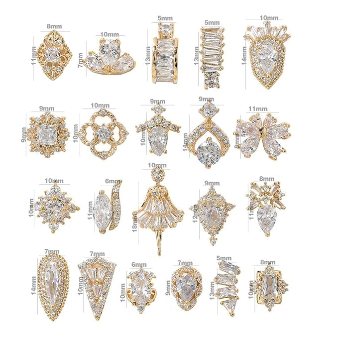 HNUIX Nail Charms and Gems - Gold Copper Zircon, Multiple Shapes 3D Dangle, Metal Jewelry Rhinestones Charms, 21 Pieces