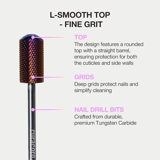 Curacoro Nail Drill Bits 3/32'' - L-Shape Smooth Stop Barrel Carbide Bit (Fine) for Professional Finish, Gently Remove, Buff & Polish Gel Nails, Nail Art Pedicure Manicure Salon & Home