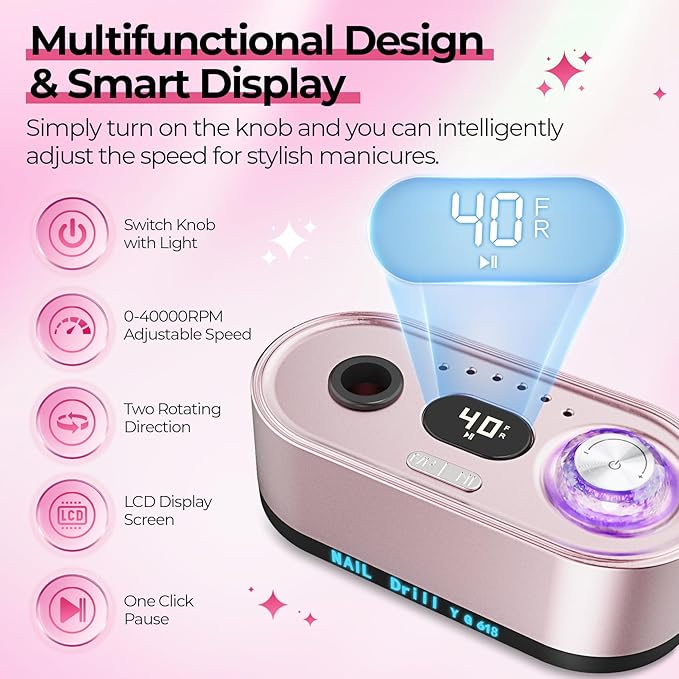 Electric Nail Drill Professional: 40000RPM Electric Nail File Kit Efile Nail Drill Machine with LCD Display for Acrylic Gel Nail, Manicure Pedicure Polishing Nail Grinder for Salon Home Use
