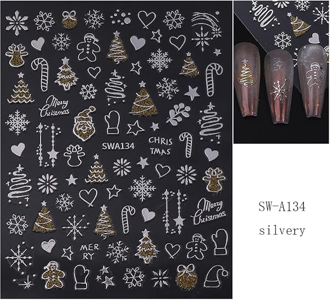 3 Sheets Christmas Nail Art Stickers Snowflake Nail Decals with Xmas Tree Elk Lanterns Design 3D Self-Adhesive Nail Stickers Acrylic Accessories Nail Supplies for Women DIY Christmas Decorations