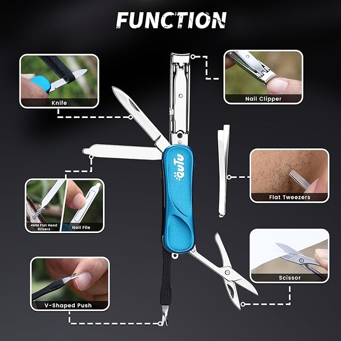 OUTU Keychain Nail Clippers Multitool, 7 in 1 EDC Utility Tool with Nail Clipper, Scissors, Manicure Sets Gifts for Him Men Husband Dad Boyfriend (Blue)