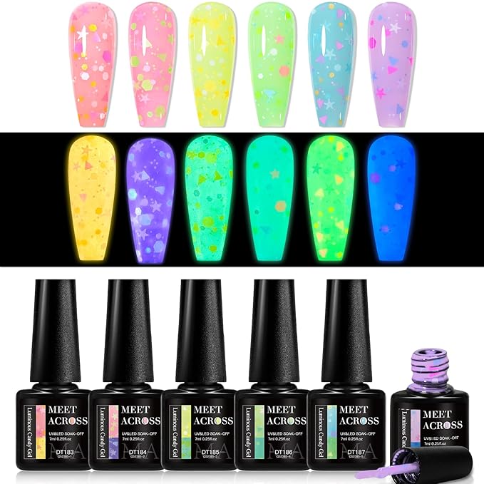 MEET ACROSS Candy Glow in the Dark Gel Nail Polish Set, 6 Colors Luminous Light Pink Yellow Purple Glow Effect Nail Polish with Sequins Soak off UV LED Cured for Home Salon DIY Manicure