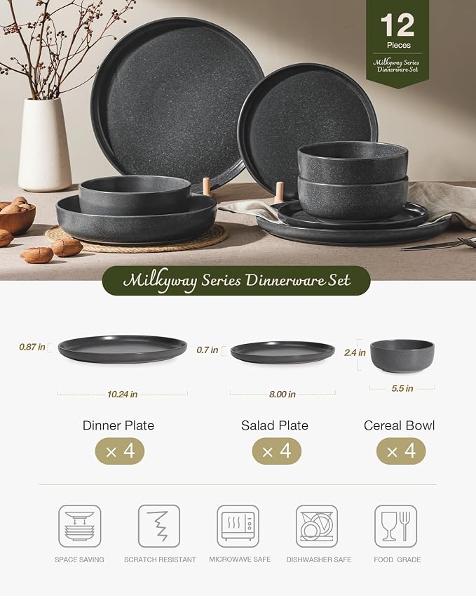 Famiware Milkyway 12-Piece Stoneware Dinnerware Set, Matte Dark Charcoal | - Image 2