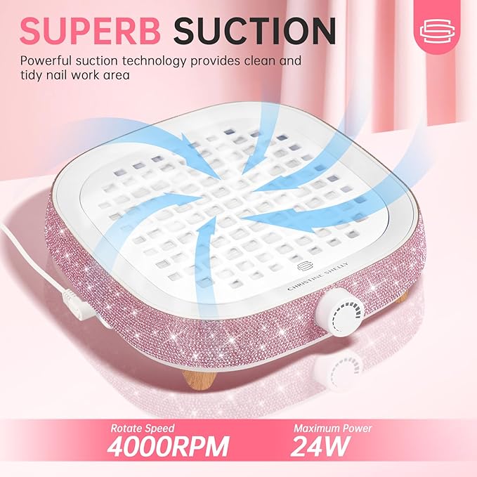 Nail Dust Collector, Dust Collector Nail Tech, Powerful 4000RPM Vacuum Fan Vent Dust Collector Extractor Dust Suction Machine for Acrylic Nails Polishing, Salon Home, Pink Diamond