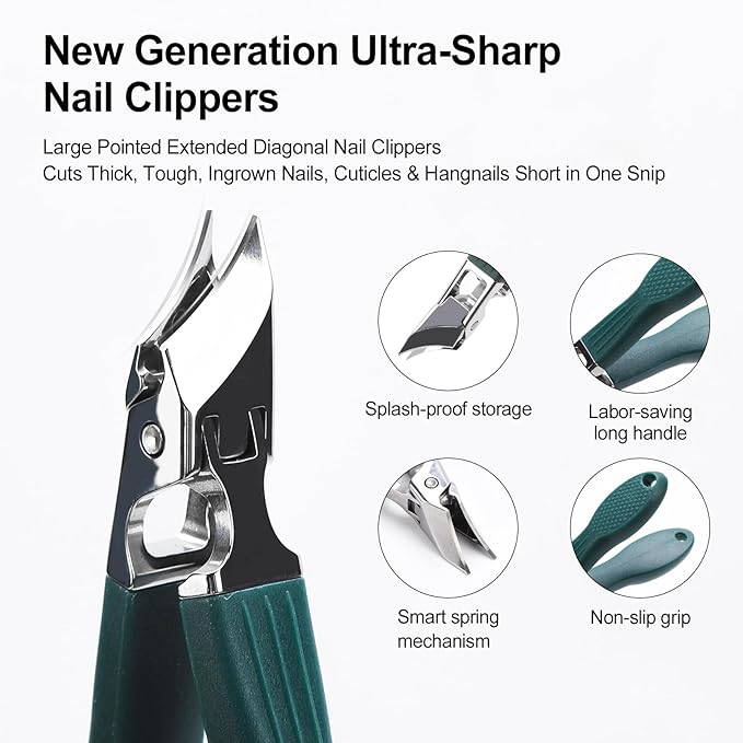 Eagle Beak Nail Clippers for Ingrown & Thick Nails – Beveled/Slanted/Angled Blades, Long Handle Wide Jaw, Anti-Splash Ultra Sharp Stainless Steel Edge 3-Piece Set for Men/Women (Green)