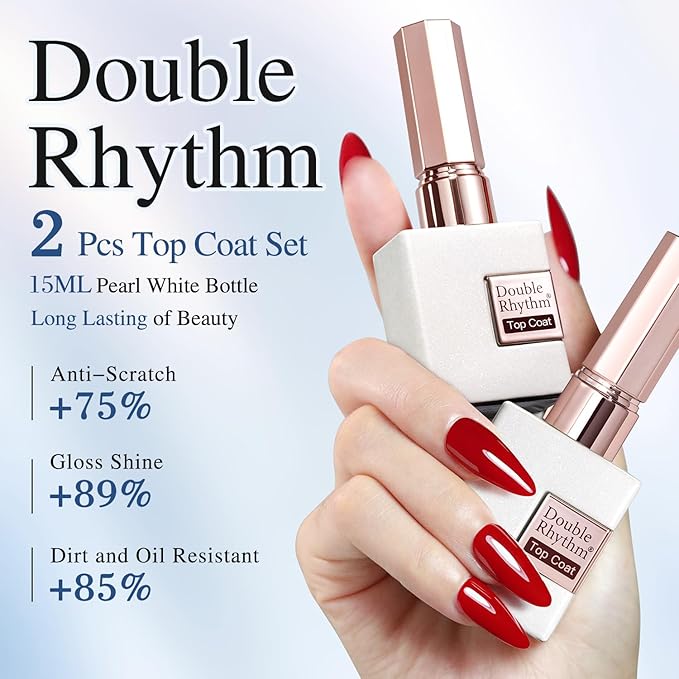 Double Rhythm 2 Pcs 15ML No Wipe Gel Top Coat and Base Coat Set Clear Glossy Gel Polish Kit Soak Off LED (2Pcs Top Coat)