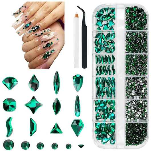 Green Nail Rhinestones Multi Shapes Emerald Green Rhinestones for Nails Flatback Nail Big Gems K9 Glass Round Beads Stones Diamonds Nail Charms Art for Nails Faces Eyes Crafts DIY