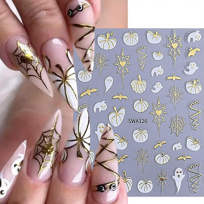 Halloween Nail Stickers Spooky Pumpkins Ghost Nail Decals 8PCS Self-Adhesive Shiny Leaf Pumpkins Bat Spider Web Nail Design Supplies Slider Manicure Accessories Charms Fall Nail Art Stickers for Women