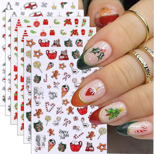 6Pcs Christmas Nail Stickers Gift Box Lollipop Christmas Berry Nail Decals DIY Self Adhesive Santa Claus Socks Cute Design Nail Decoration Supplies Holiday Manicure Accessories for Women Girls