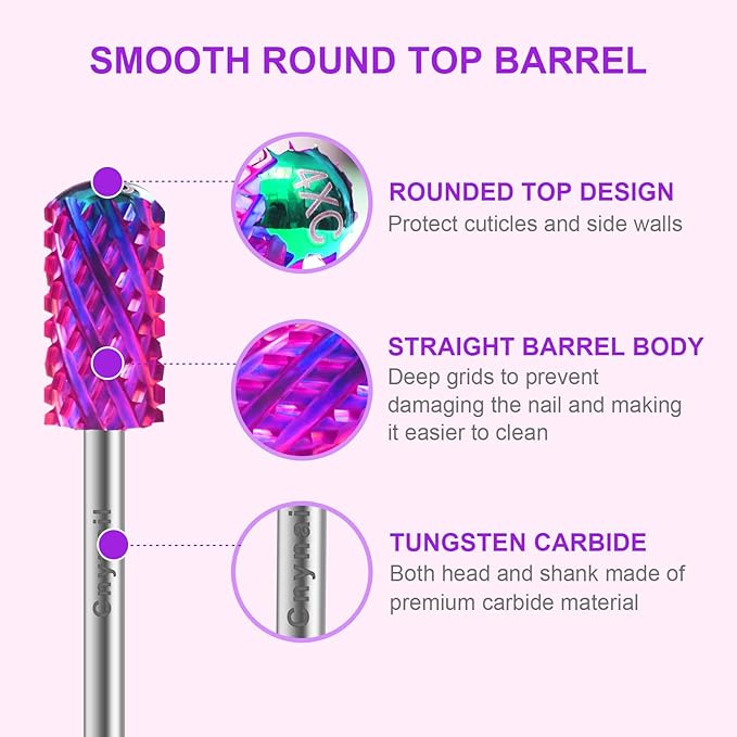 3/32" 2PCS Large Barrel Smooth Round Top Tungsten Carbide Nail Drill Bit Safety Bit for Gel & Acrylic Removal, 2-Way Rotating Efile Tip, Salon Electric File Accessory (4XC Grit, Purple)