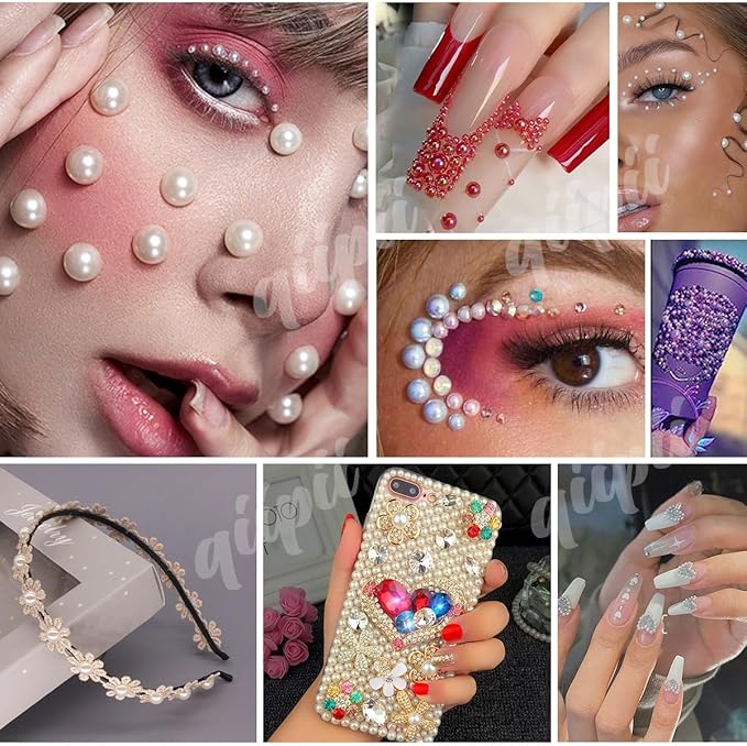 28 Types Flatback Half Pearls w B7000 Jewelry Glue for Bedazzling Crafting 3mm 4mm 6mm 8mm 10mm Colorful Golden Silver Black White AB Charms for Nails Face Eyes Makeup Crafts Tumblers Bottles