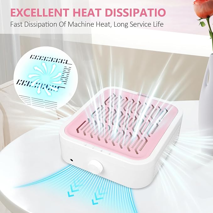 LIONVISON Nail Dust Collector for Acrylic: 120W Professional Nails Dust Collector With Reusable HEPA Filter For Home Salon Use - Portable 3 Speed Vacuum DIY Manicure For Nail Art Beginners (Pink)