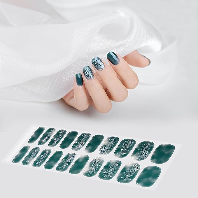 WOKOTO 1 Sheet Semi Cured Gel Nail Strips With Wood Stick, Nail File & Prepared Pads, 20 Tips Glittery Fantasy Green Semi Cured Nail Polish Strips, Harden With UV Light Gel Nail Wraps Stickers