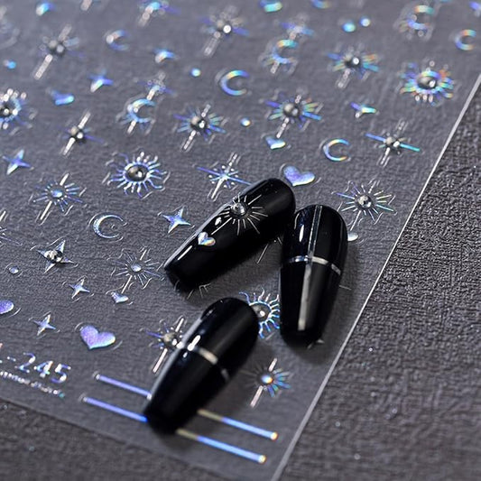 5D Embossed Star Moon Nail Art Stickers Decals Self Adhesive Nail Decals Aurora Star Moon Nail Stickers with Rhinestone Designs Manicure Sliders for Women DIY Nail Art Decorations