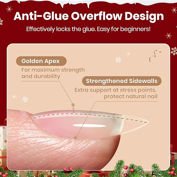 Beetles Gel Nail Kit Flat-X Christmas Limited Set, Almond Short , 320pcs 16 Sizes, with 15g Hands-free Solid Nail Glue Gel, Mini Lamp, Pre-Etched Half Matte Nail Extension Set for Home DIY