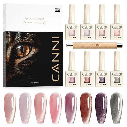 CANNI 8 Pcs 9 ML Cat Eye Gel Nail Polish Set, Jelly Pink Red Purple Glitter Holographic Cat Eye Gel Polish Kit with Magnet Shimmer Colors Soak Off Led Manicure Salon DIY Gifts